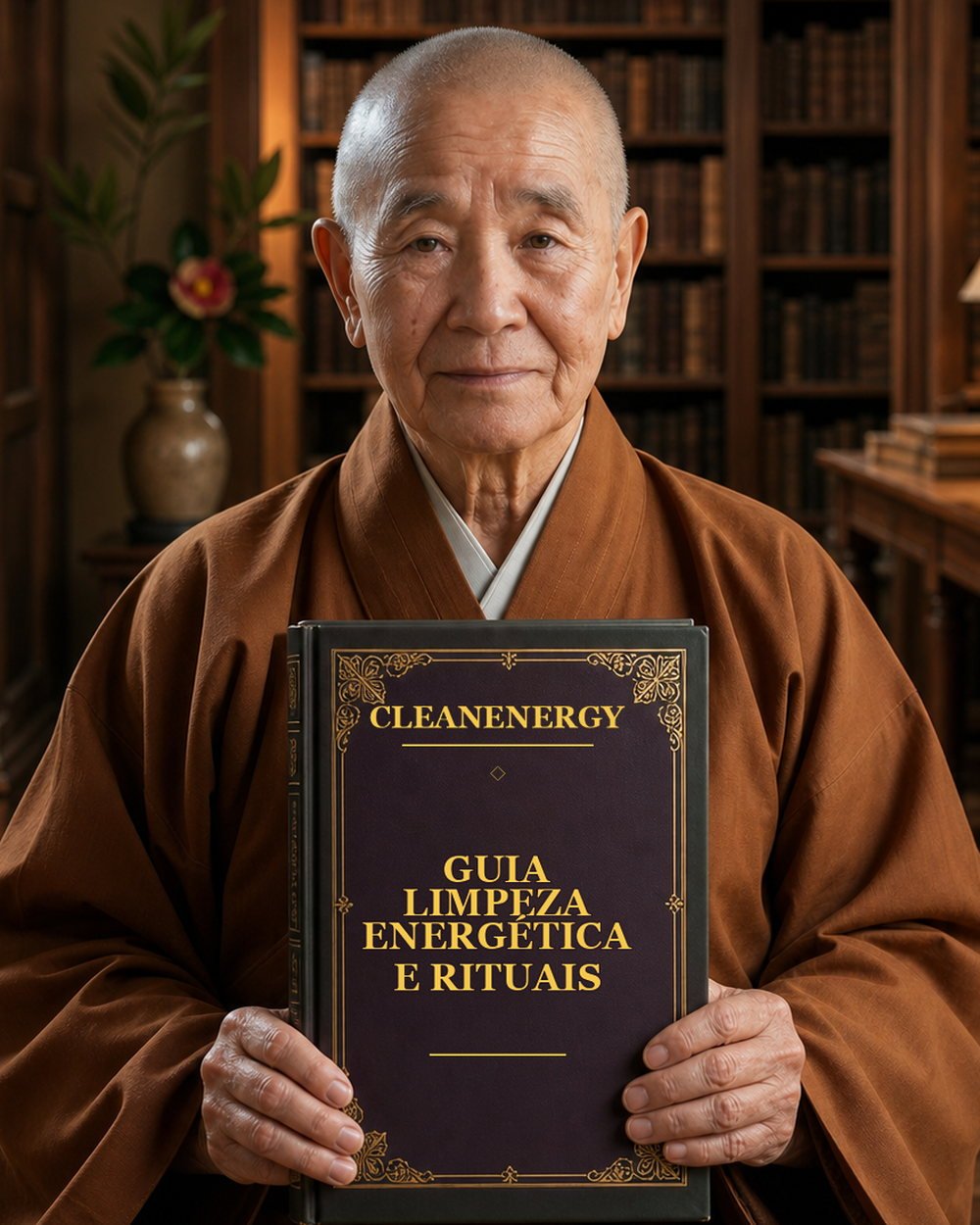 Monge em ambiente ritual segurando o livro Guia CleanEnergy voltado para a câmera