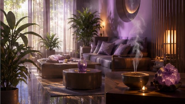 Ambiente acolhedor iluminado com plantas e elementos naturais